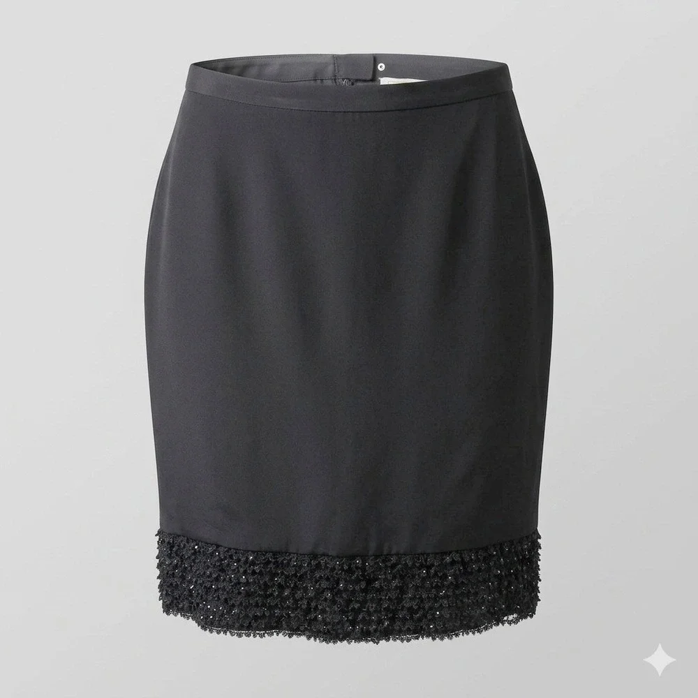 VIE Victor Costa Black 100% Silk Beaded Lace Ruffle Pencil Skirt 12 Romantic